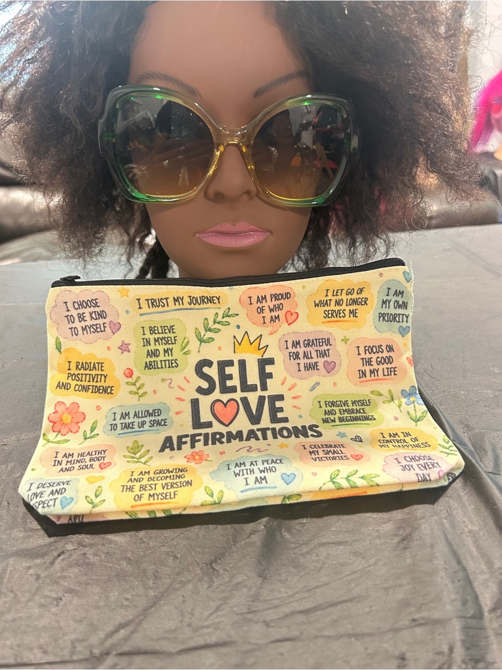 Self Love Affirmations Canvas Zip Pouch and oversized Green yellow sunglasses